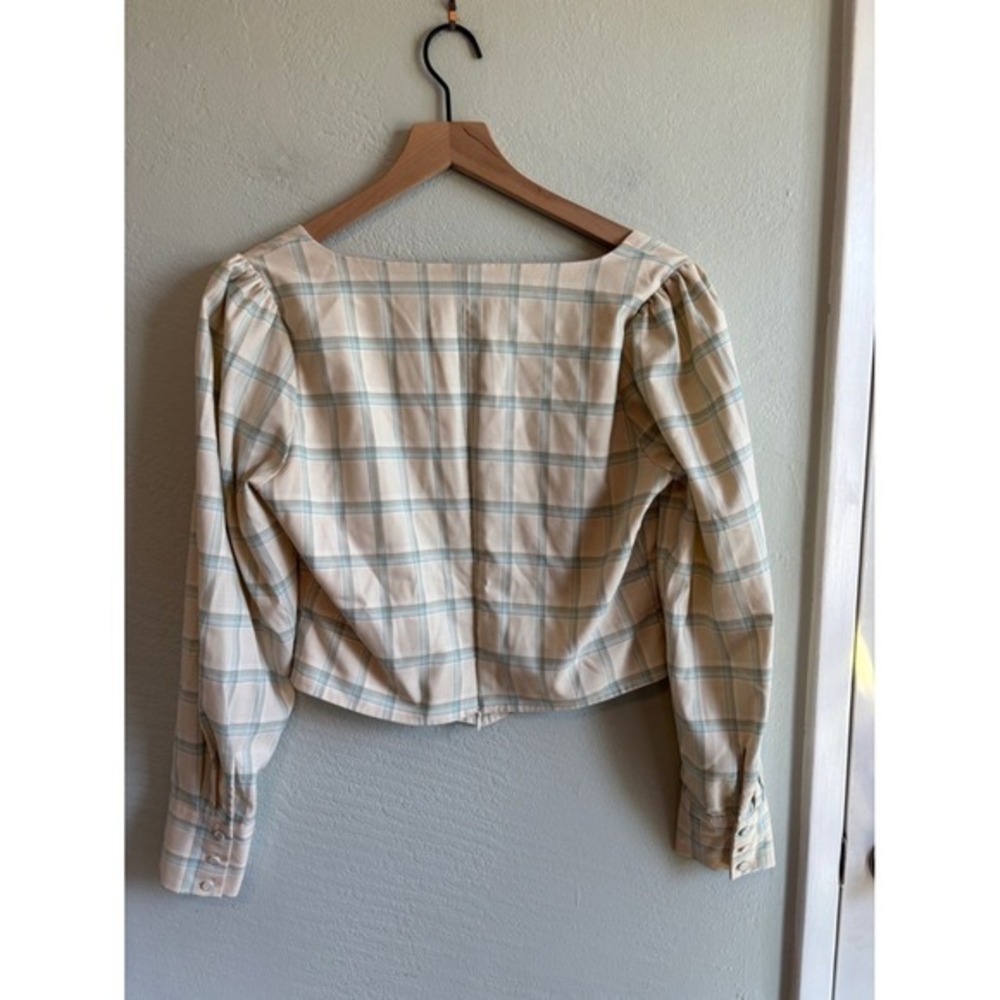 Greylin Cream Mint Plaid Square-Neck Crop Blouse Top M Light Academia Office - Picture 6 of 8